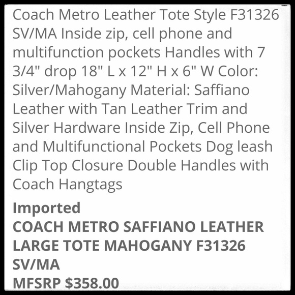🚫SOLD🚫 ⭐2X HP⭐ Coach Metro Leather Tote, Mahogany NWOT - Picture 8 of 8